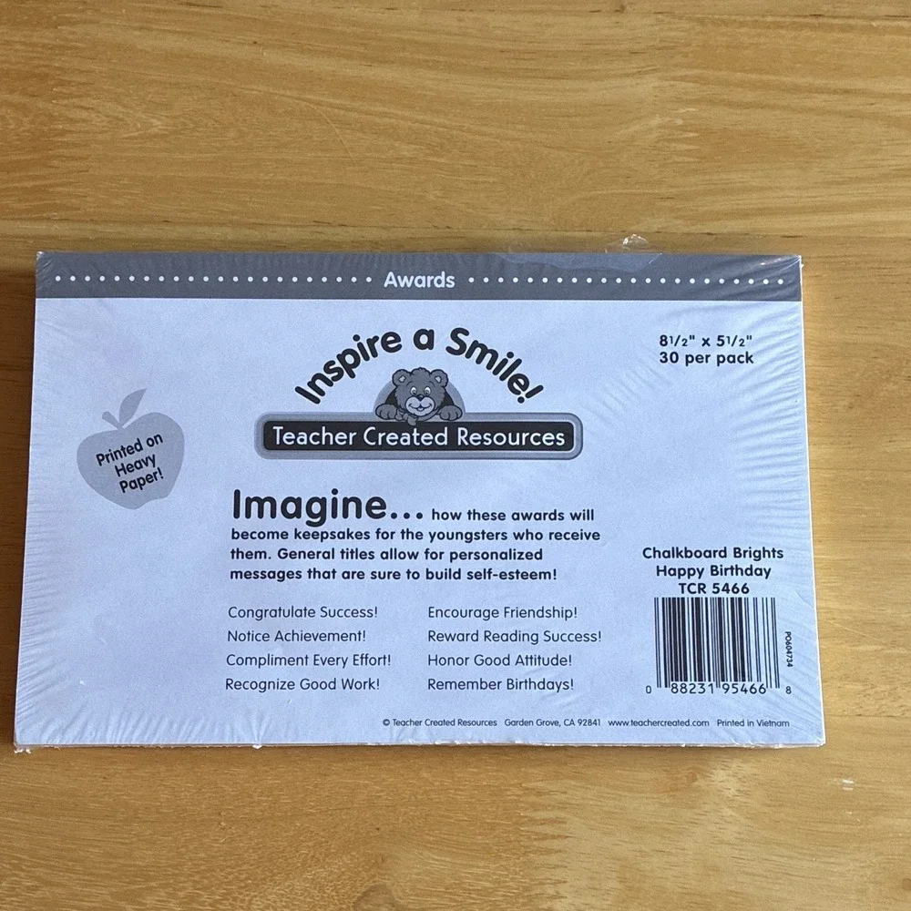 Teacher Created Resources TCR 5466 Chalkboard Birthday Awards 30 Pack Lot of 2